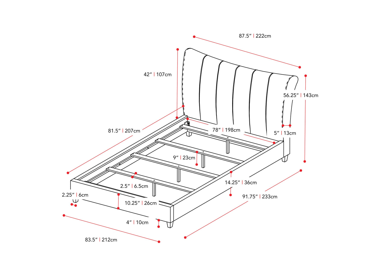 navy blue Channel Tufted King Bed Rosewell Collection measurements diagram by CorLiving#color_navy-blue