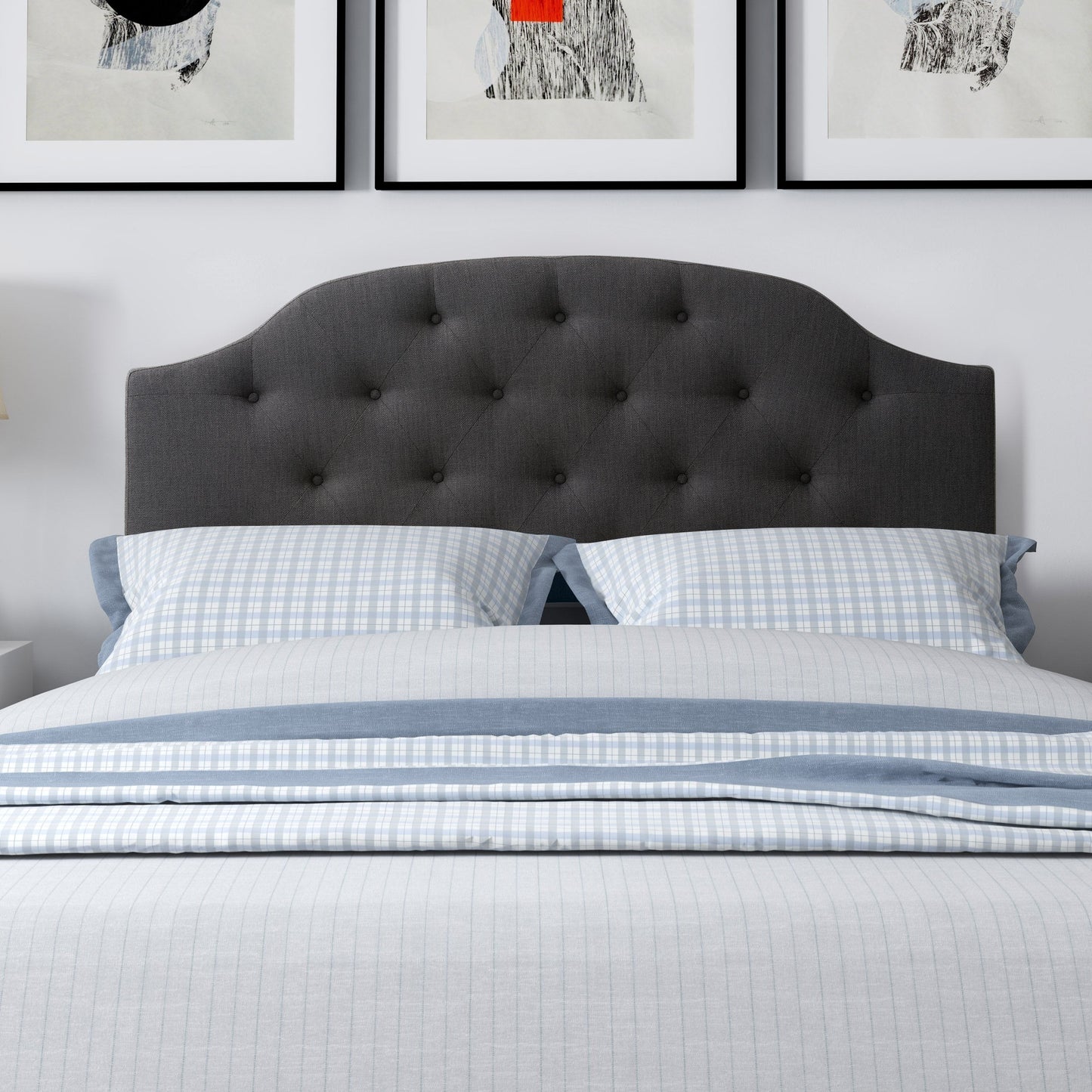dark grey Diamond Tufted Headboard, Queen Calera Collection lifestyle scene by CorLiving#color_dark-grey