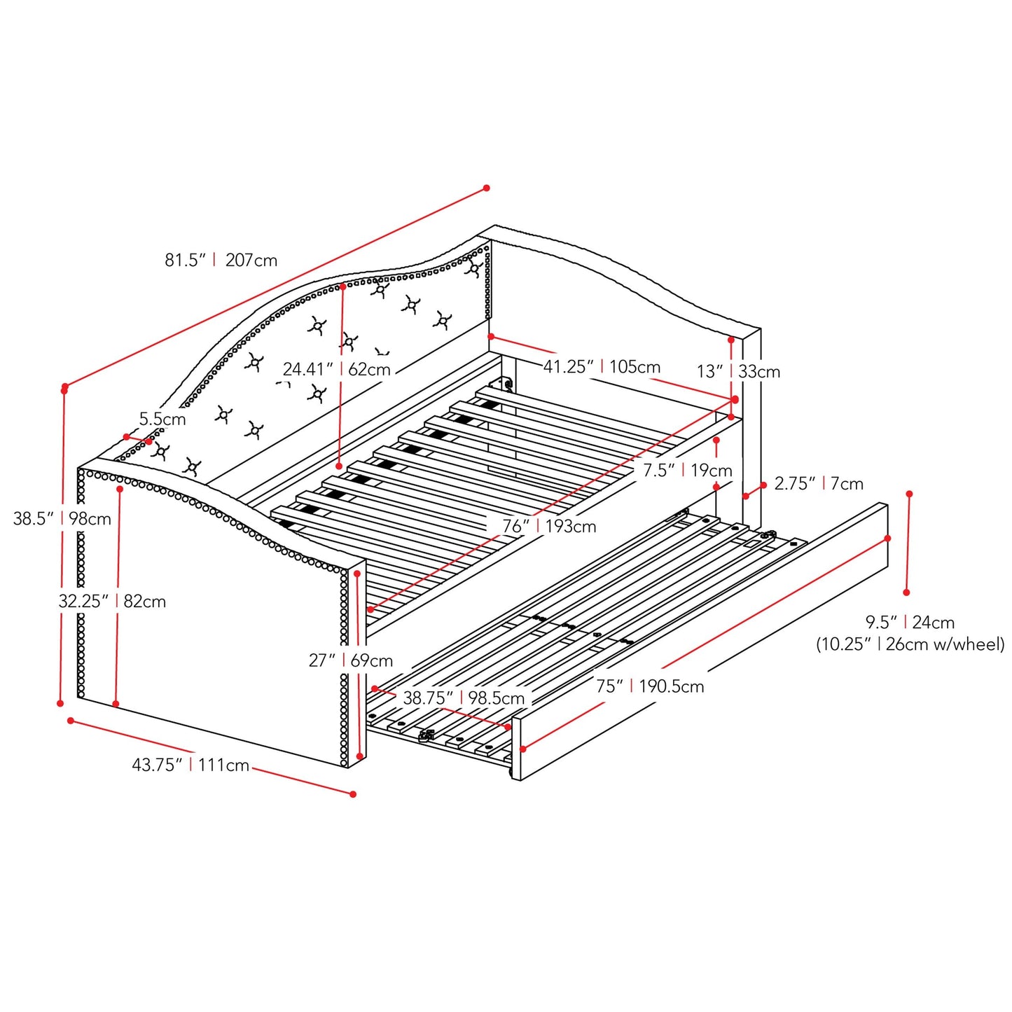 grey Twin Daybed with Trundle Amara Collection measurements diagram by CorLiving#color_grey