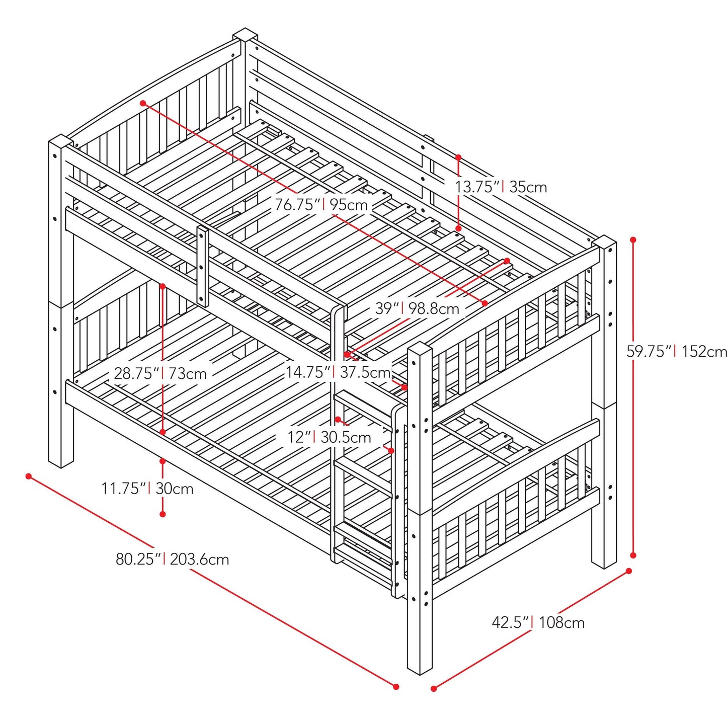 navy blue Wooden Bunk Bed Dakota Collection measurements diagram by CorLiving#color_navy-blue