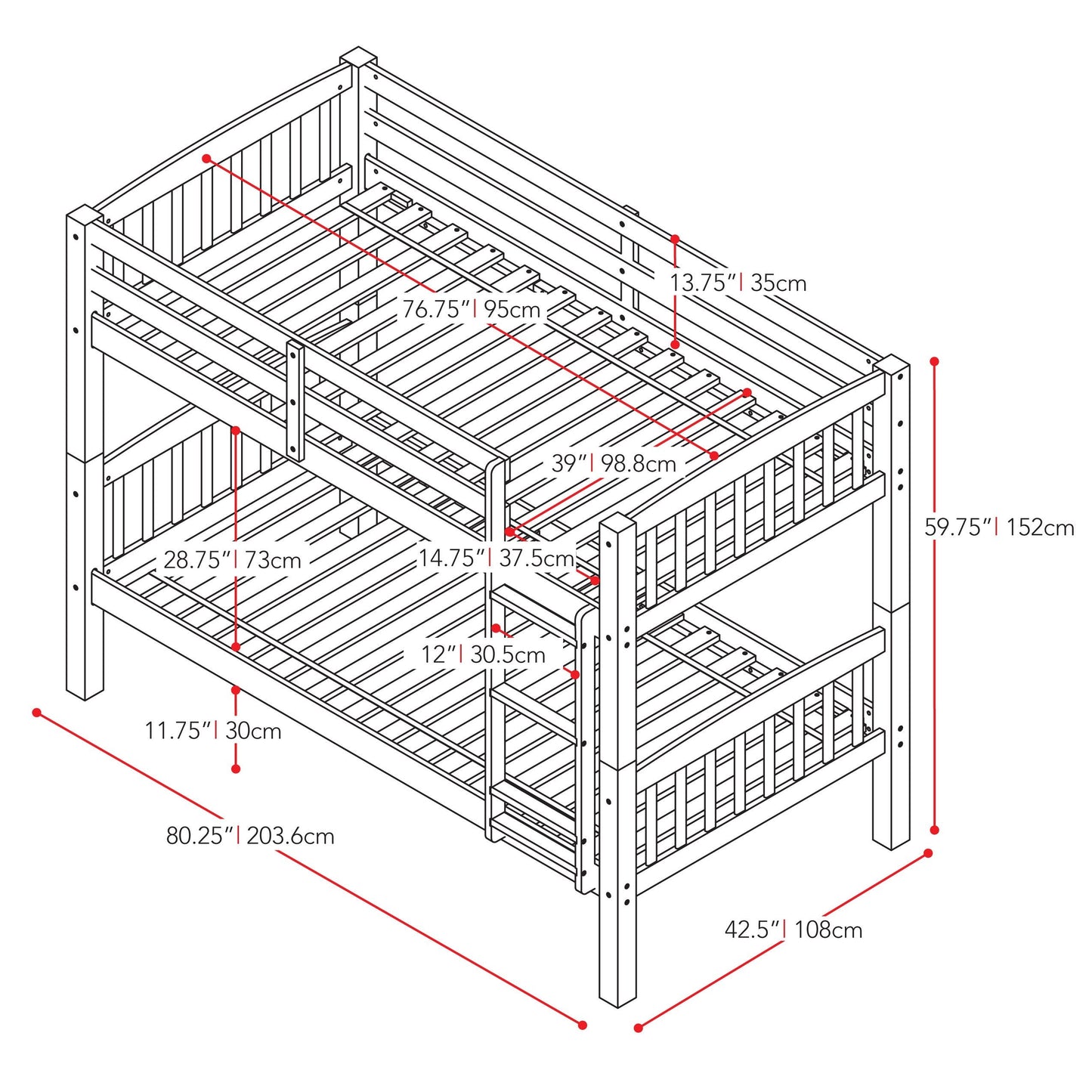walnut brown Wooden Bunk Bed Dakota Collection measurements diagram by CorLiving#color_walnut-brown