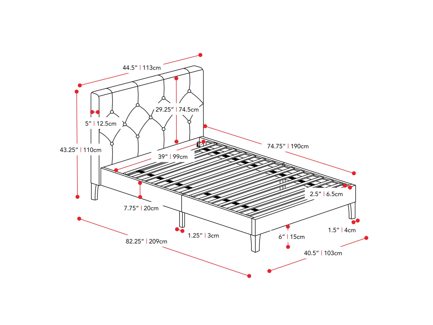cream Button Tufted Twin / Single Bed Nova Ridge Collection measurements diagram by CorLiving#color_nova-ridge-cream