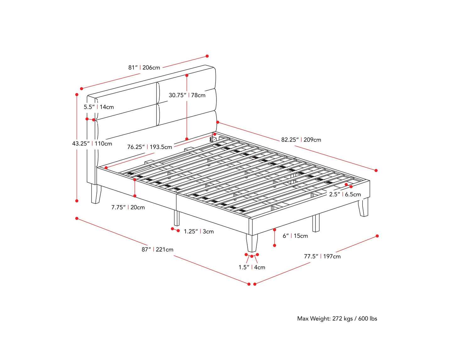 ocean blue Upholstered King Bed Bellevue Collection measurements diagram by CorLiving#color_bellevue-ocean-blue