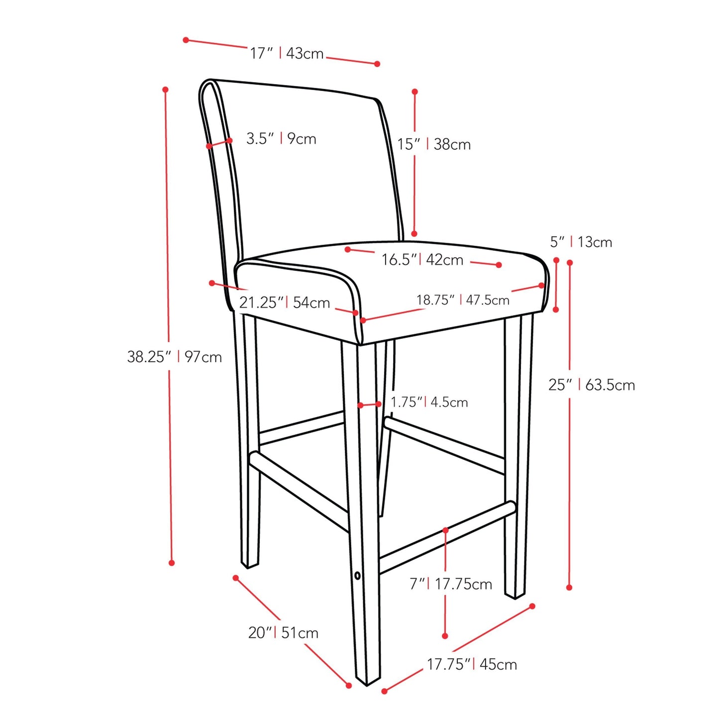 red Wooden Bar Stool Counter Height Ira Collection measurements diagram by CorLiving#color_red