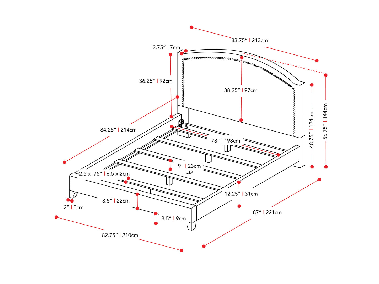 dark grey Upholstered King Bed Florence Collection measurements diagram by CorLiving#color_dark-grey