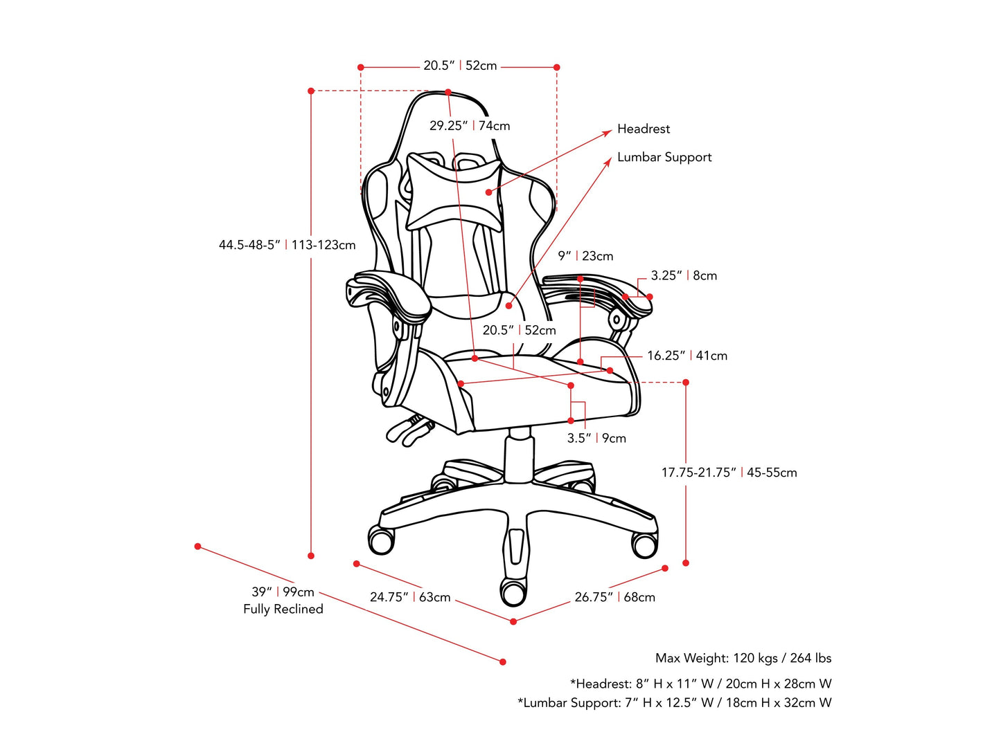 black and white Reclining Gaming Chair Ravagers Collection measurements diagram by CorLiving#color_black-and-white