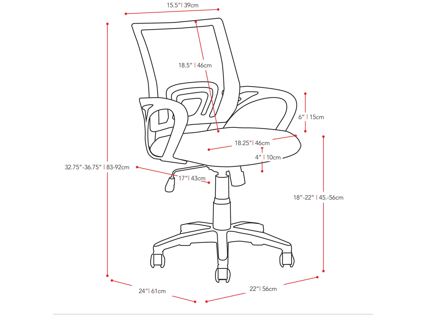 white Mesh Back Office Chair Jaxon Collection measurements diagram by CorLiving#color_white