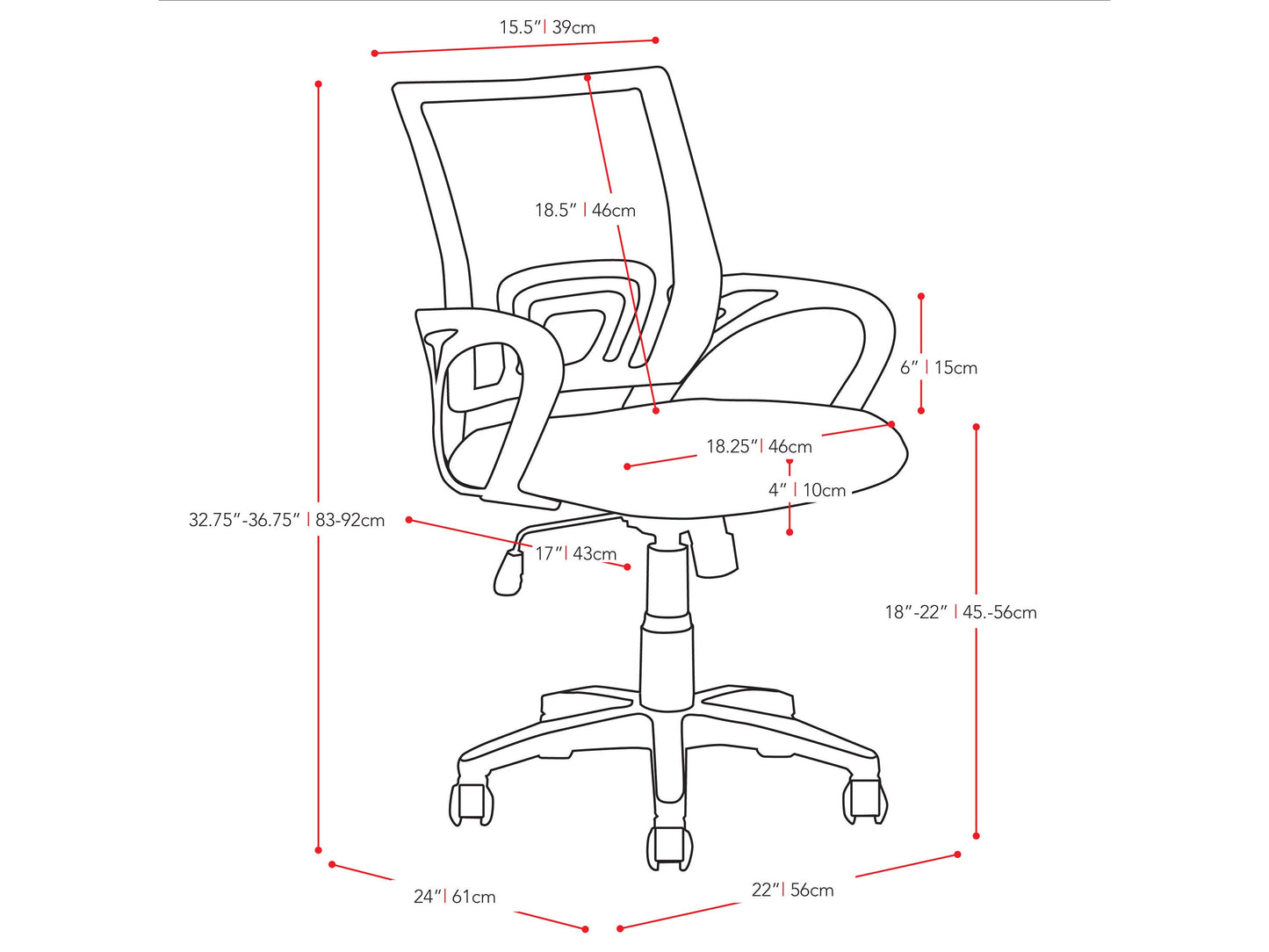 navy blue Mesh Back Office Chair Jaxon Collection measurements diagram by CorLiving#color_navy-blue