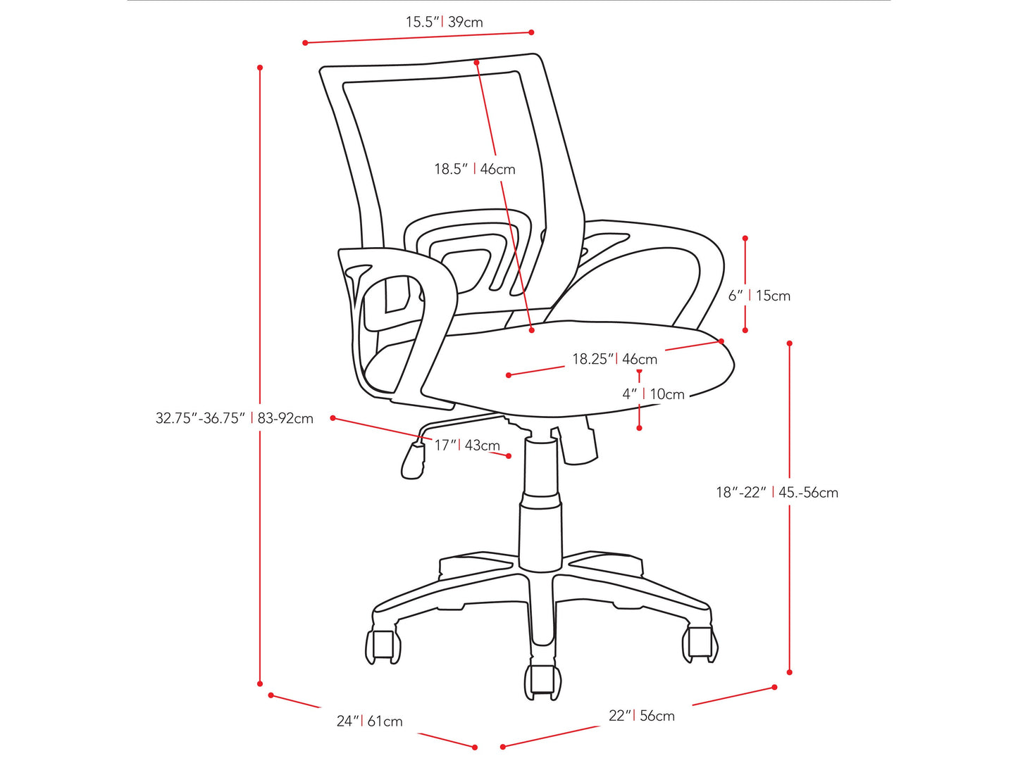 maroon Mesh Back Office Chair Jaxon Collection measurements diagram by CorLiving#color_maroon