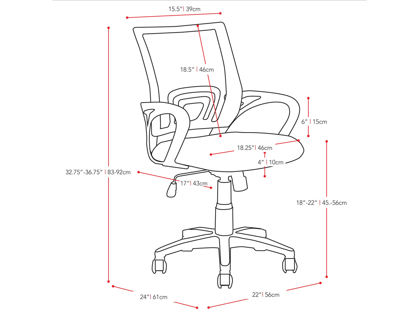 orange Mesh Back Office Chair Jaxon Collection measurements diagram by CorLiving#color_orange