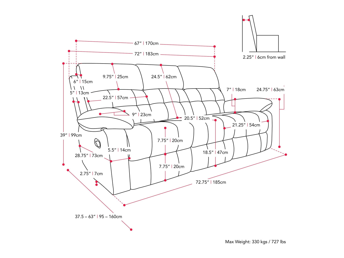 dark grey 3 Seater Recliner Sofa Oren Collection measurements diagram by CorLiving#color_dark-grey