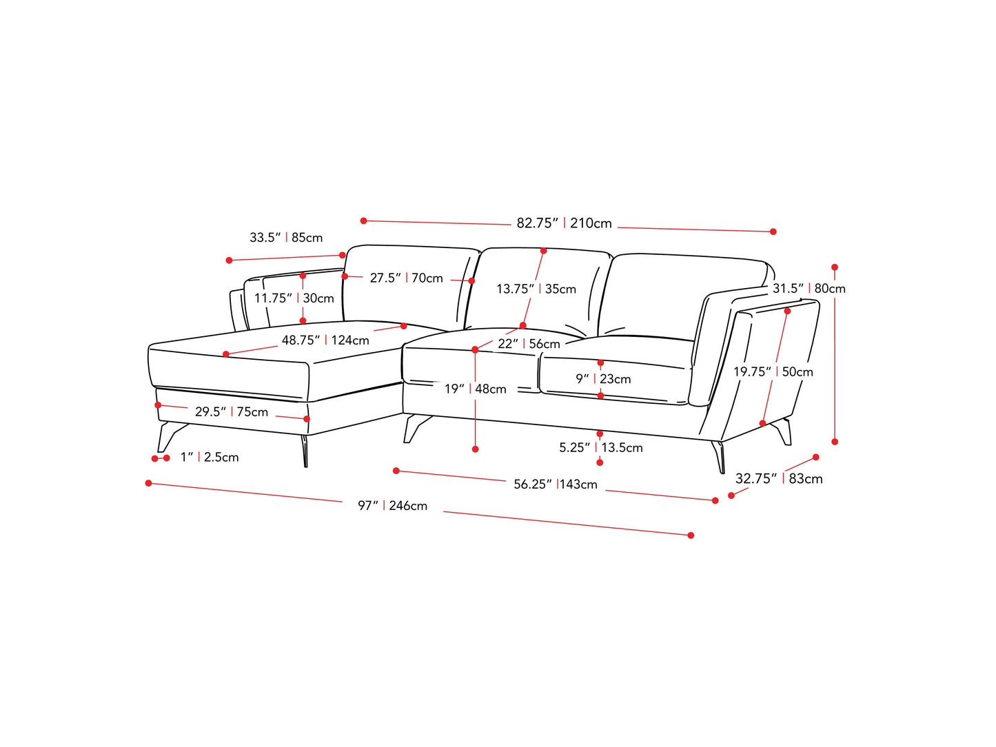 deep blue L Shaped Sofa, Left Facing Lansing Collection measurements diagram by CorLiving#color_lansing-deep-blue