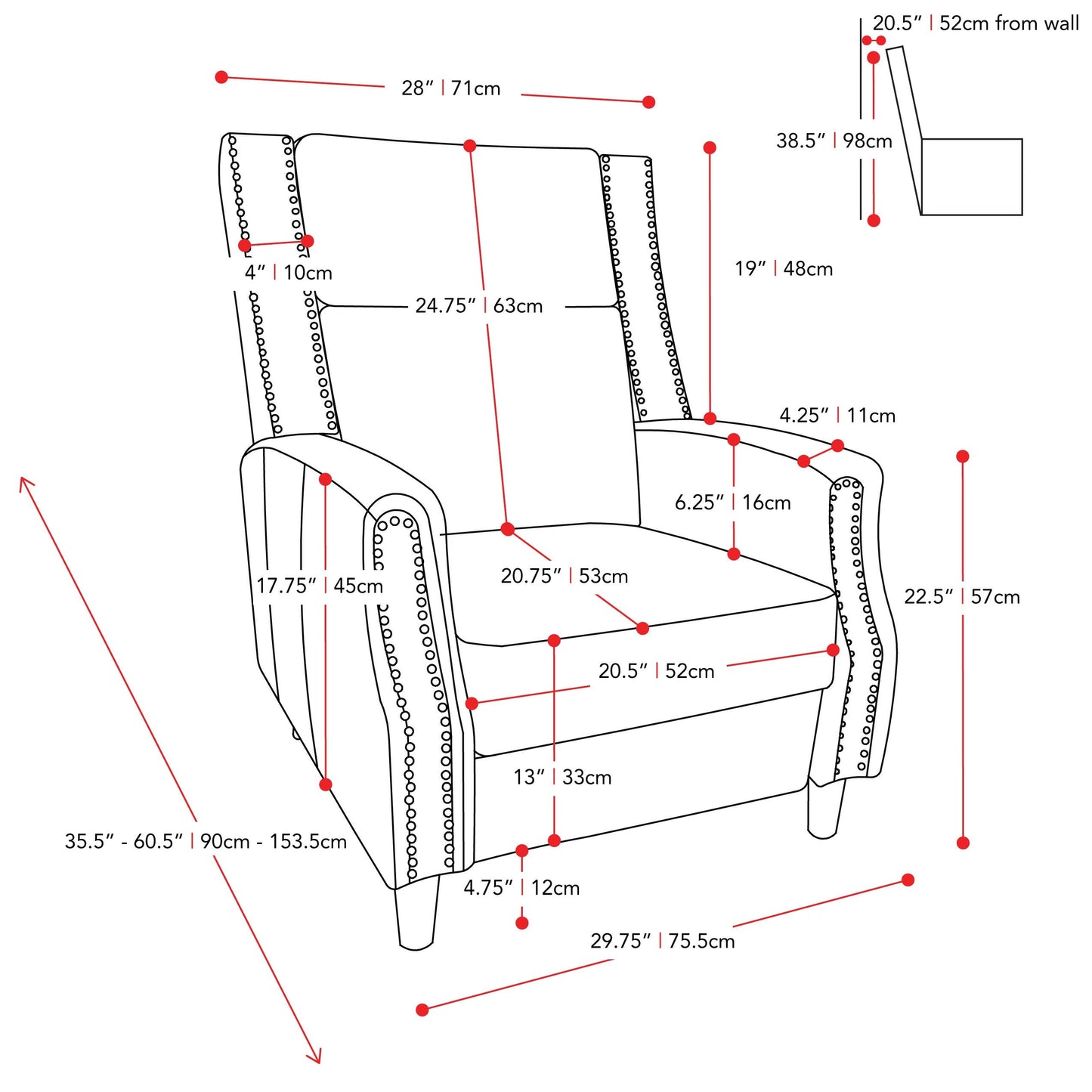dark grey Reclining Accent Chair Lynwood Collection measurements diagram by CorLiving#color_dark-grey