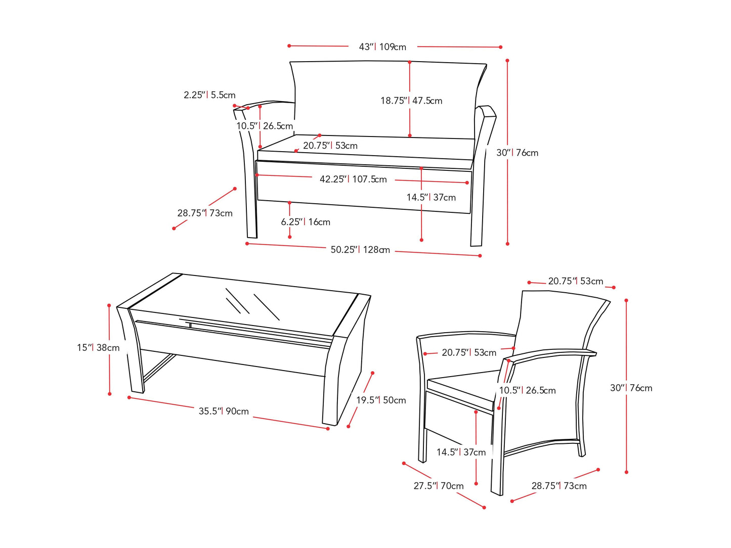 turquoise 4 Piece Wicker Patio Set Cascade Collection measurements diagram by CorLiving#color_turquoise
