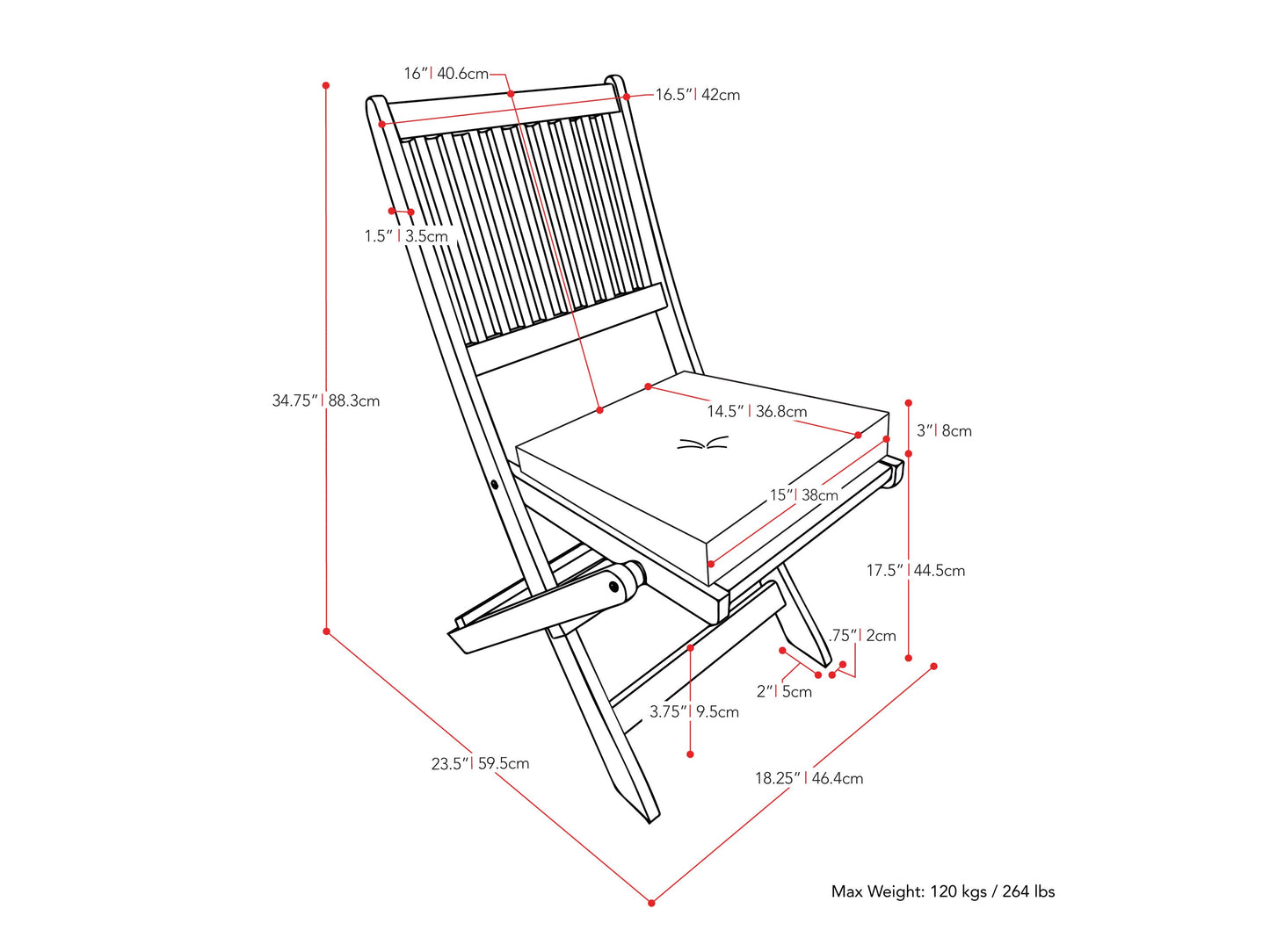 Miramar Brown Outdoor Wood Folding Chairs, Set of 2 Miramar Collection measurements diagram by CorLiving#color_miramar-brown