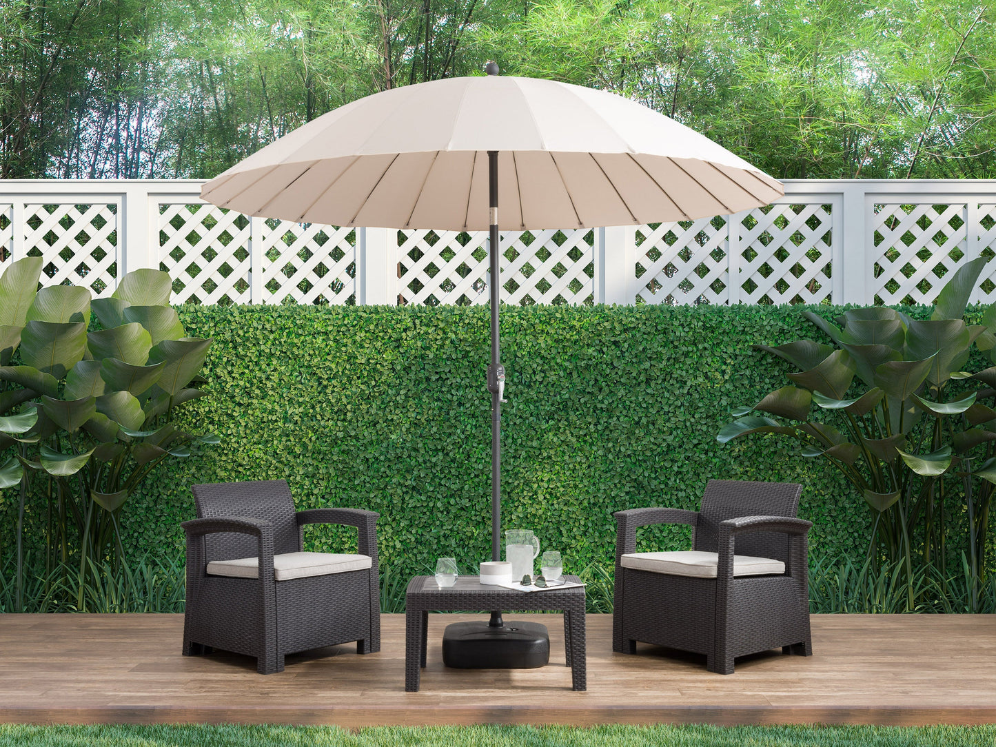 beige parasol umbrella, tilting Sun Shield Collection lifestyle scene CorLiving#color_beige