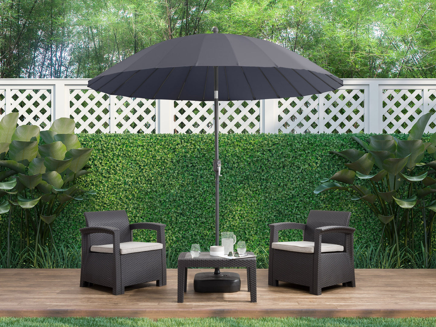 grey parasol umbrella, tilting Sun Shield Collection lifestyle scene CorLiving#color_grey