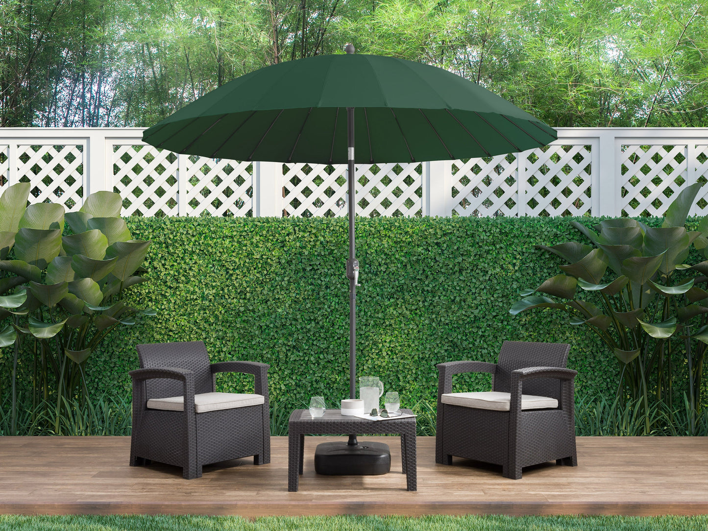 dark green parasol umbrella, tilting Sun Shield Collection lifestyle scene CorLiving#color_dark-green