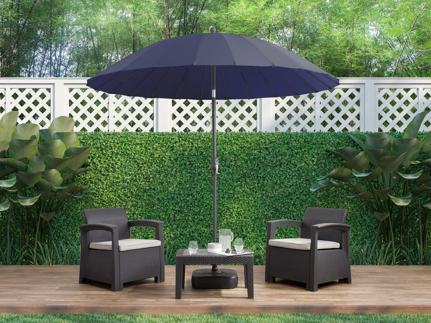 navy blue parasol umbrella, tilting Sun Shield Collection lifestyle scene CorLiving#color_navy-blue