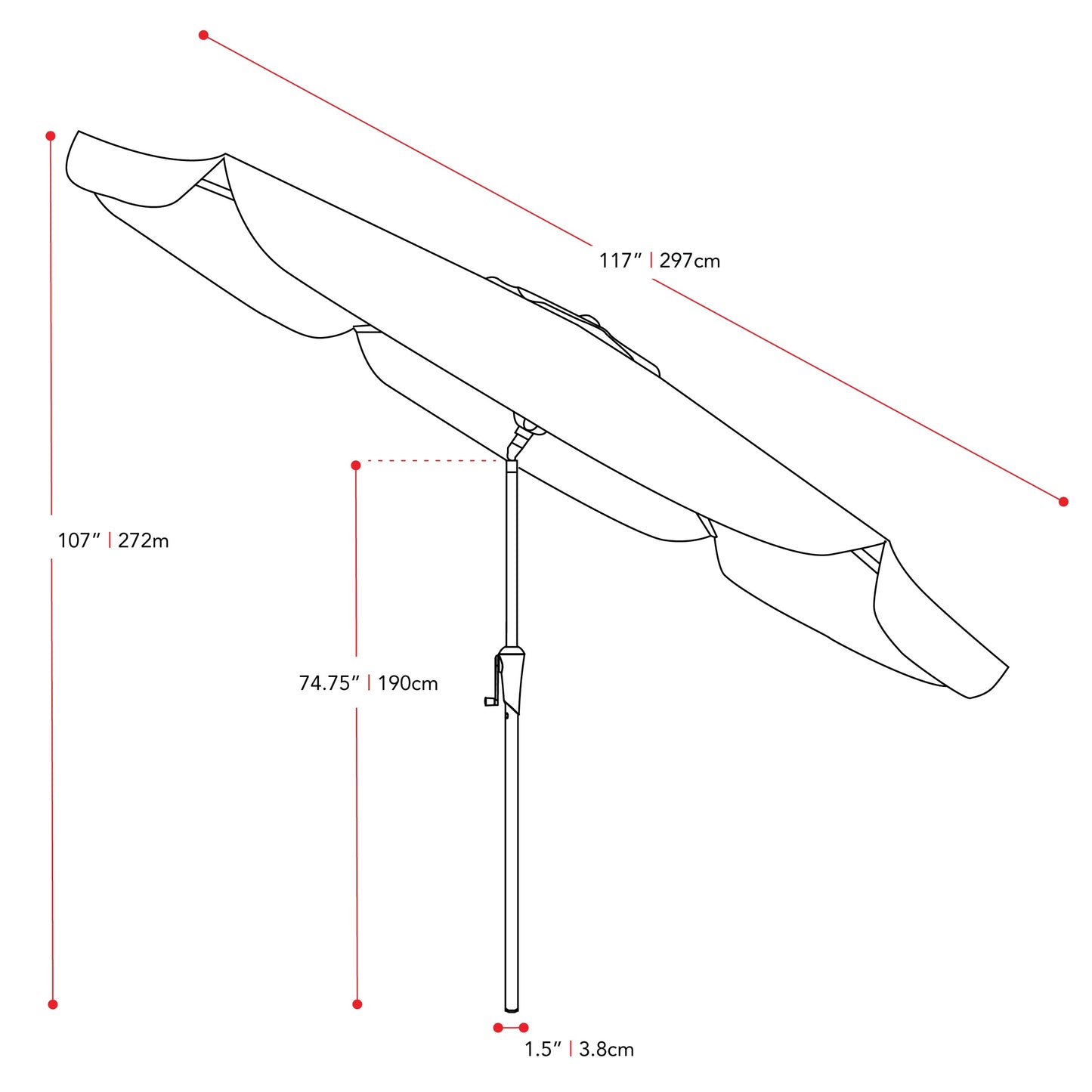 black 10ft patio umbrella, round tilting with base 200 Series measurements diagram CorLiving#color_black