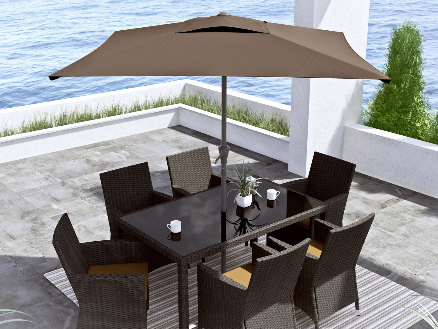 sandy brown square patio umbrella, tilting 300 Series lifestyle scene CorLiving#color_sandy-brown