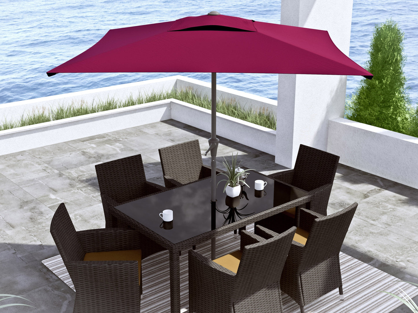 wine red square patio umbrella, tilting 300 Series lifestyle scene CorLiving#color_wine-red