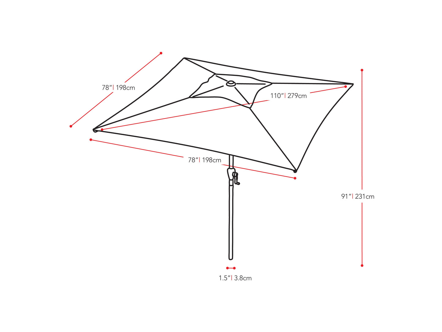 turquoise blue square patio umbrella, tilting 300 Series measurements diagram CorLiving#color_turquoise-blue