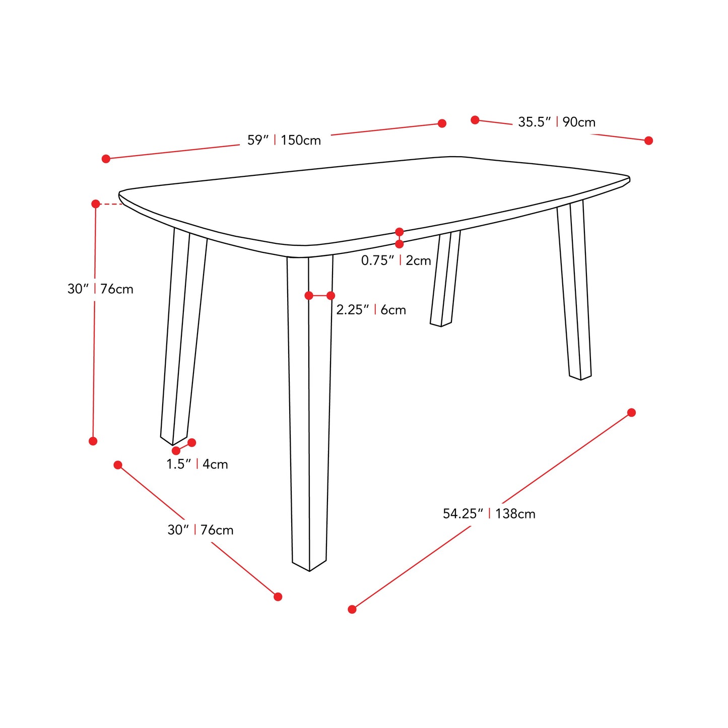 espresso Mid Century Modern Dining Table Tiffany Collection measurements diagram by CorLiving#color_espresso