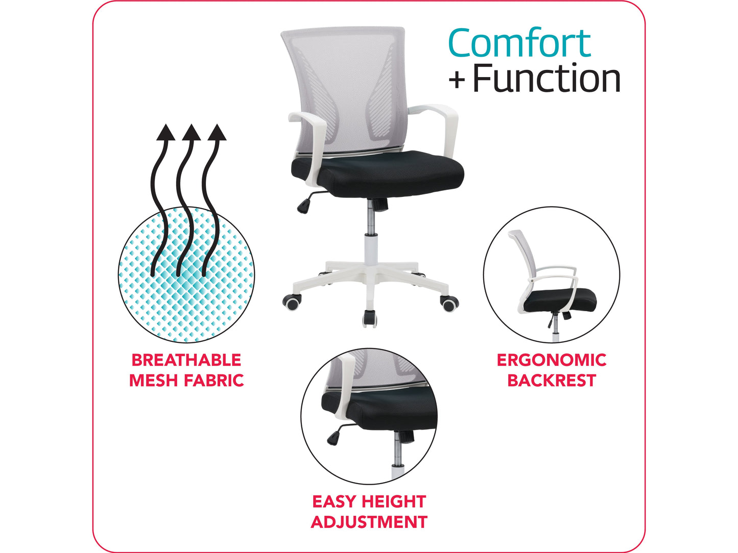 grey and black Mesh Task Chair Cooper Collection infographic by CorLiving#color_grey-and-black