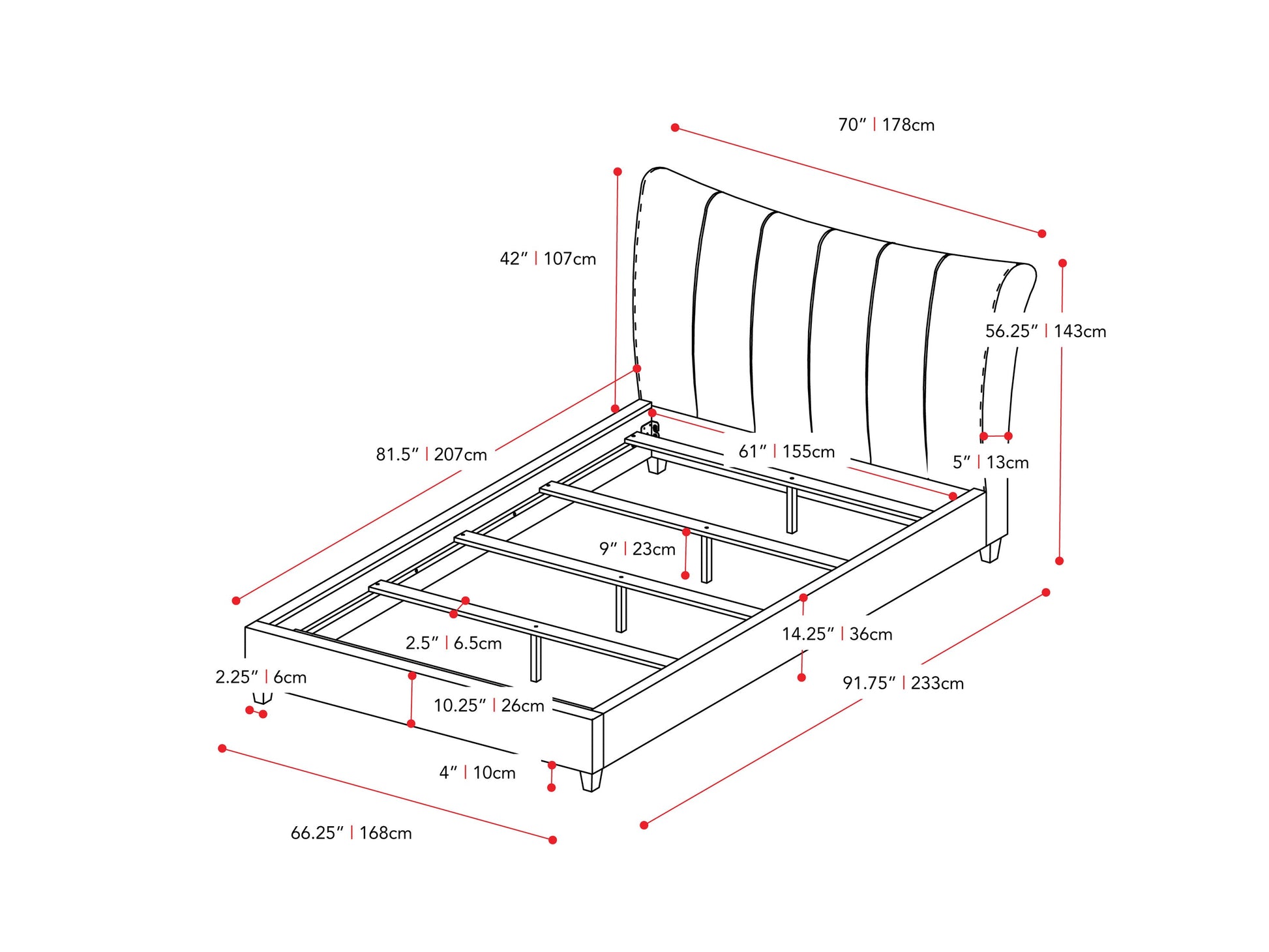 navy blue Channel Tufted Queen Bed Rosewell Collection measurements diagram by CorLiving#color_navy-blue