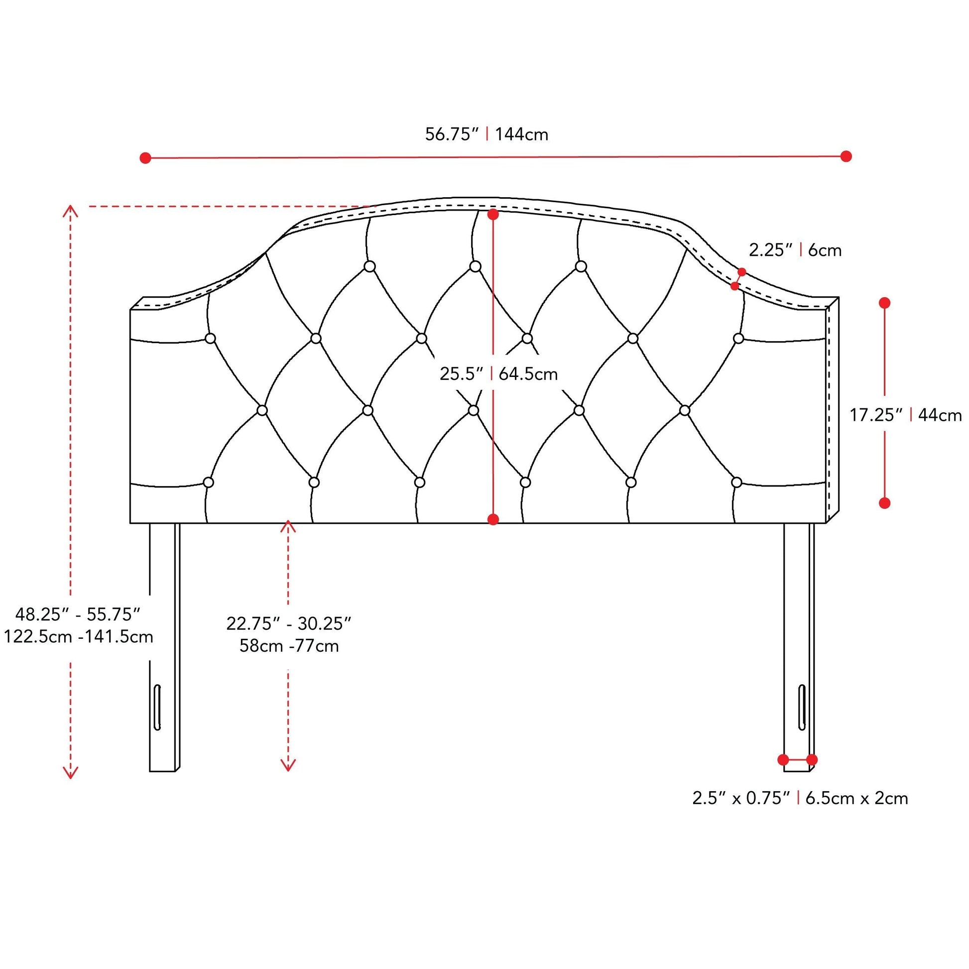 dark grey Diamond Tufted Headboard, Full / Double Calera Collection measurements diagram by CorLiving#color_dark-grey
