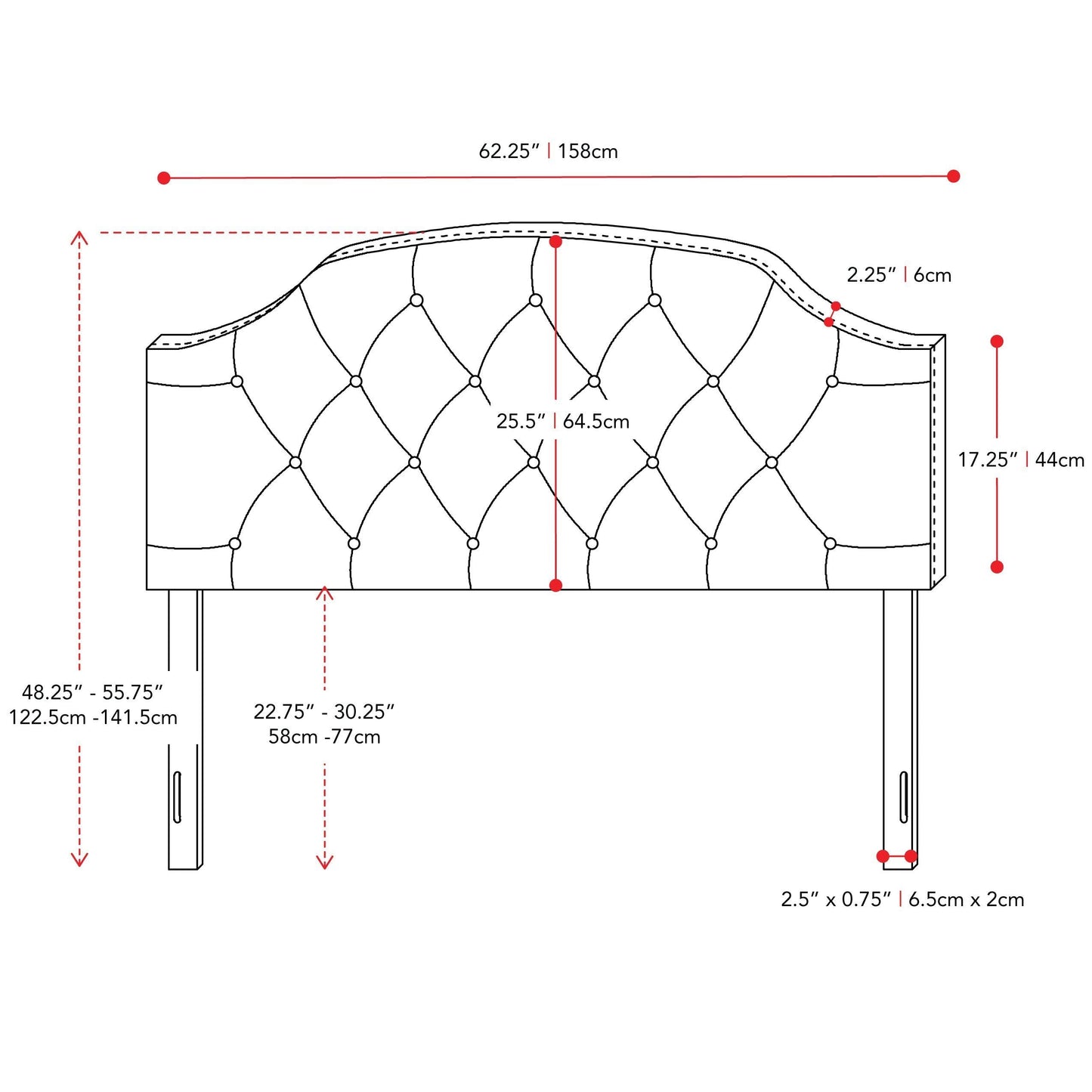 navy blue Diamond Tufted Headboard, Queen Calera Collection measurements diagram by CorLiving#color_navy-blue