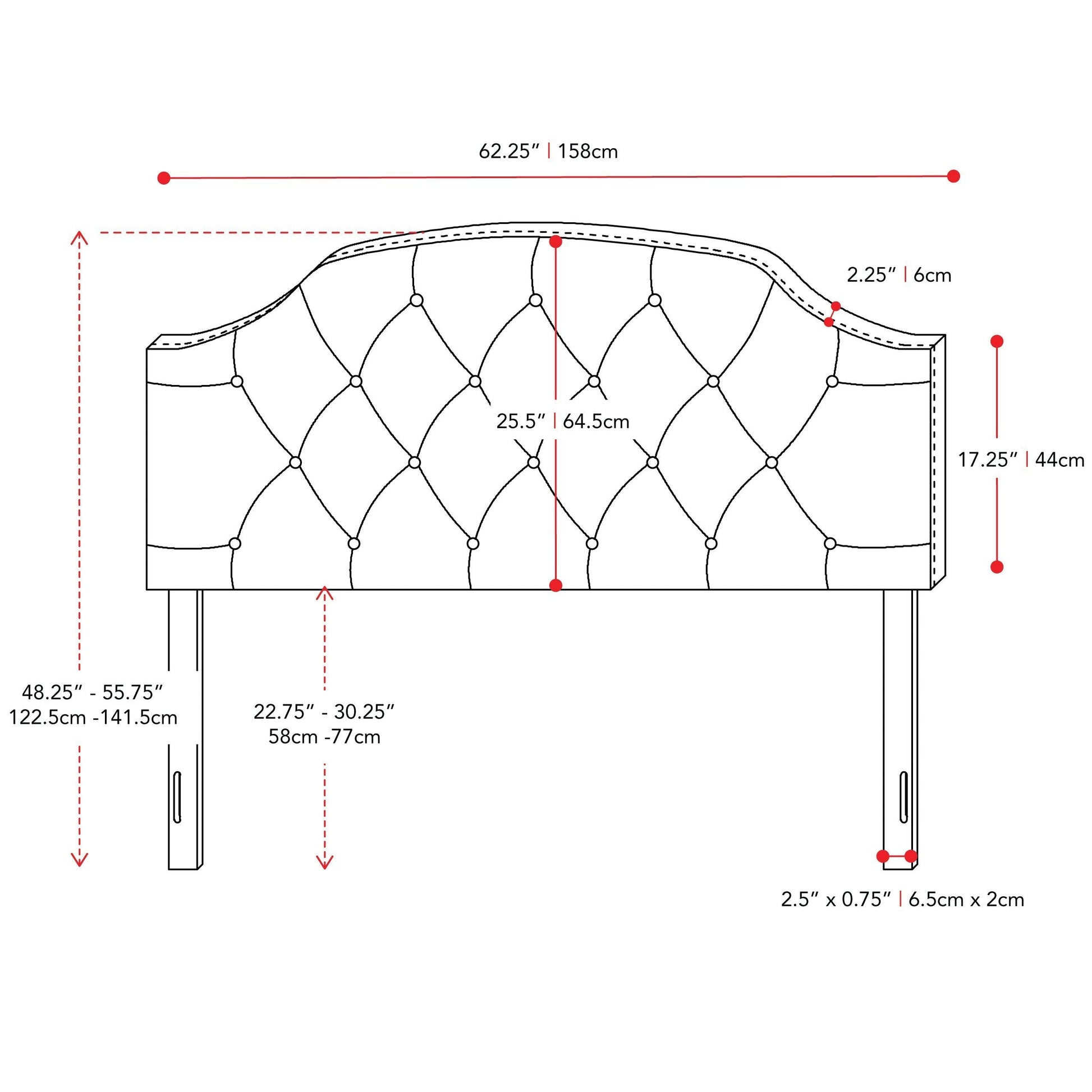navy blue Diamond Tufted Headboard, Queen Calera Collection measurements diagram by CorLiving#color_navy-blue