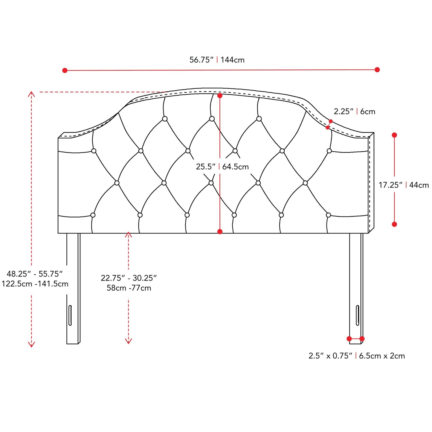 light grey Diamond Tufted Headboard, Full / Double Calera Collection measurements diagram by CorLiving#color_light-grey