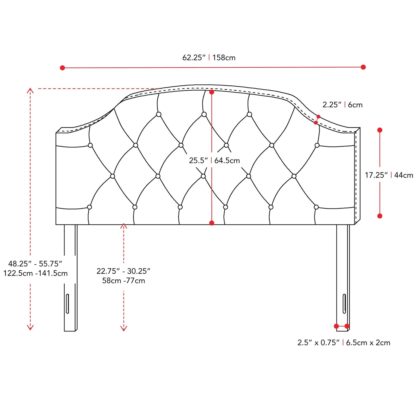 light grey Diamond Tufted Headboard, Queen Calera Collection measurements diagram by CorLiving#color_light-grey
