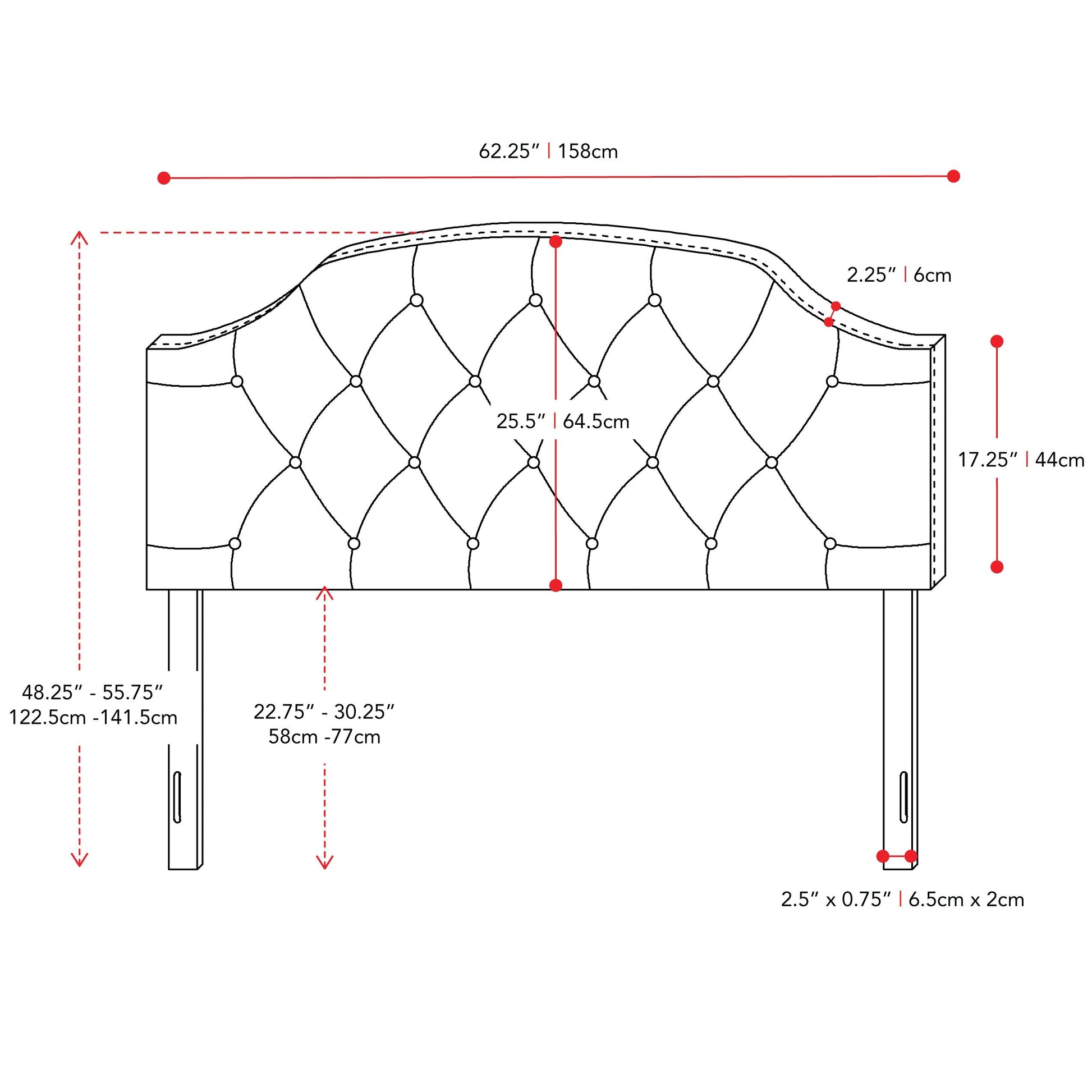 light grey Diamond Tufted Headboard, Queen Calera Collection measurements diagram by CorLiving#color_light-grey