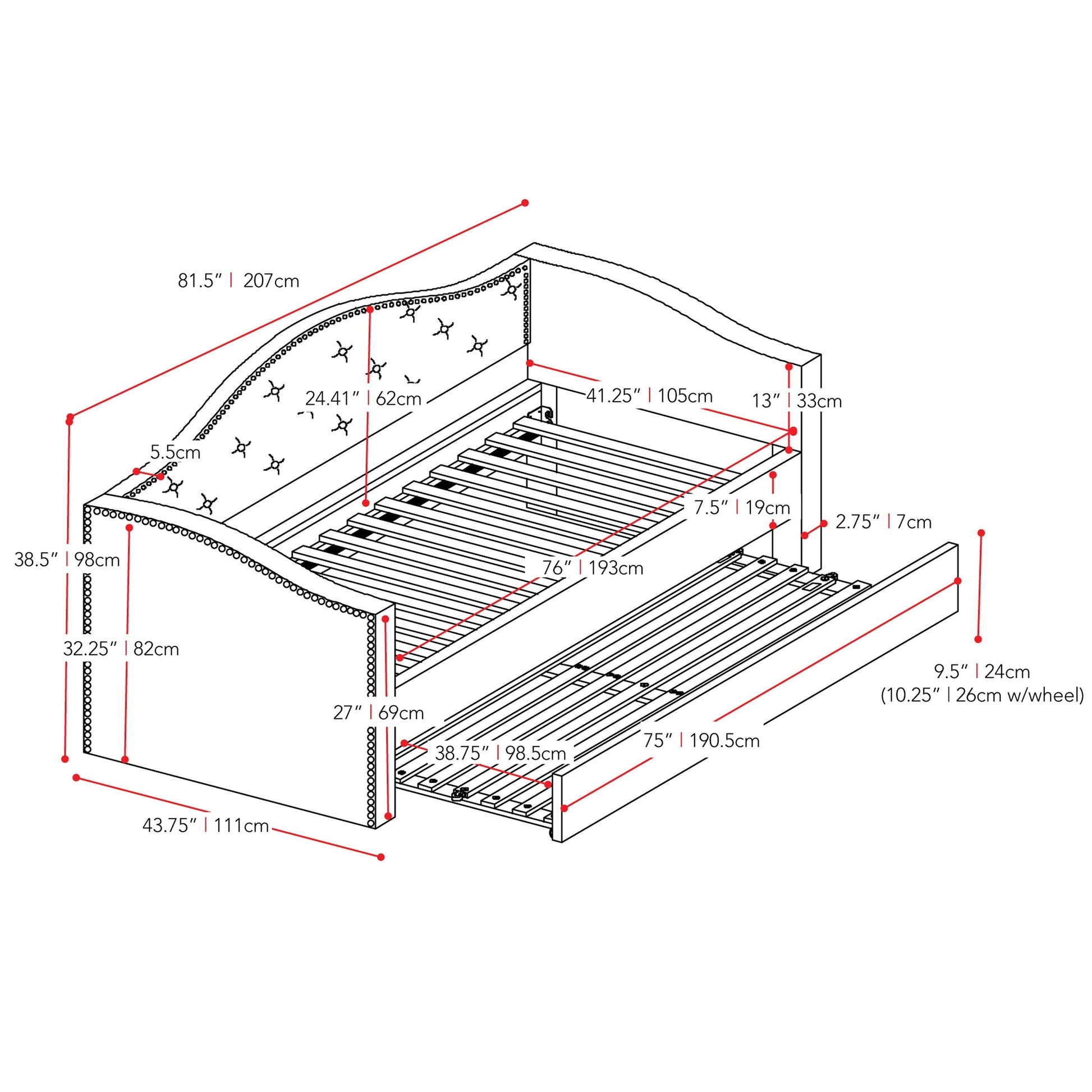 grey Twin Daybed with Trundle Amara Collection measurements diagram by CorLiving#color_grey