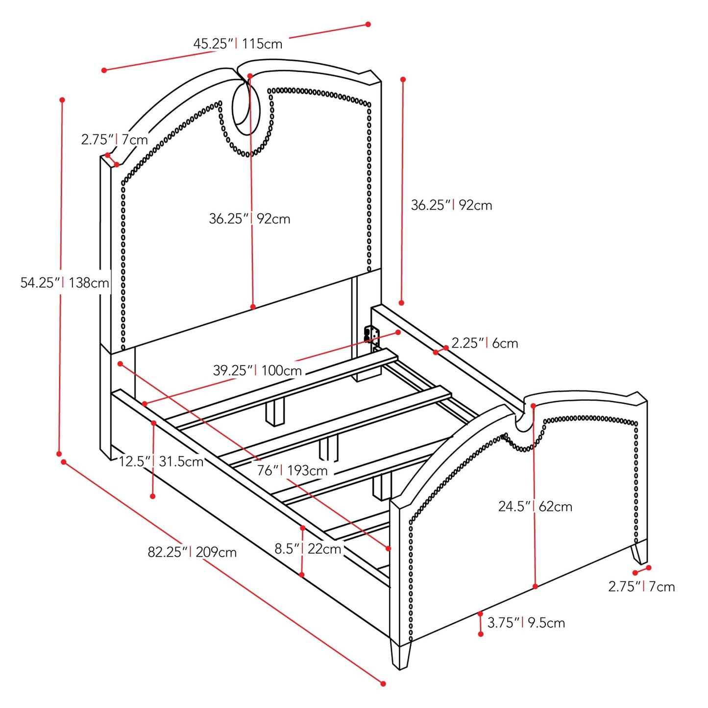 grey Twin / Single Bed Maeve Collection measurements diagram by CorLiving#color_grey