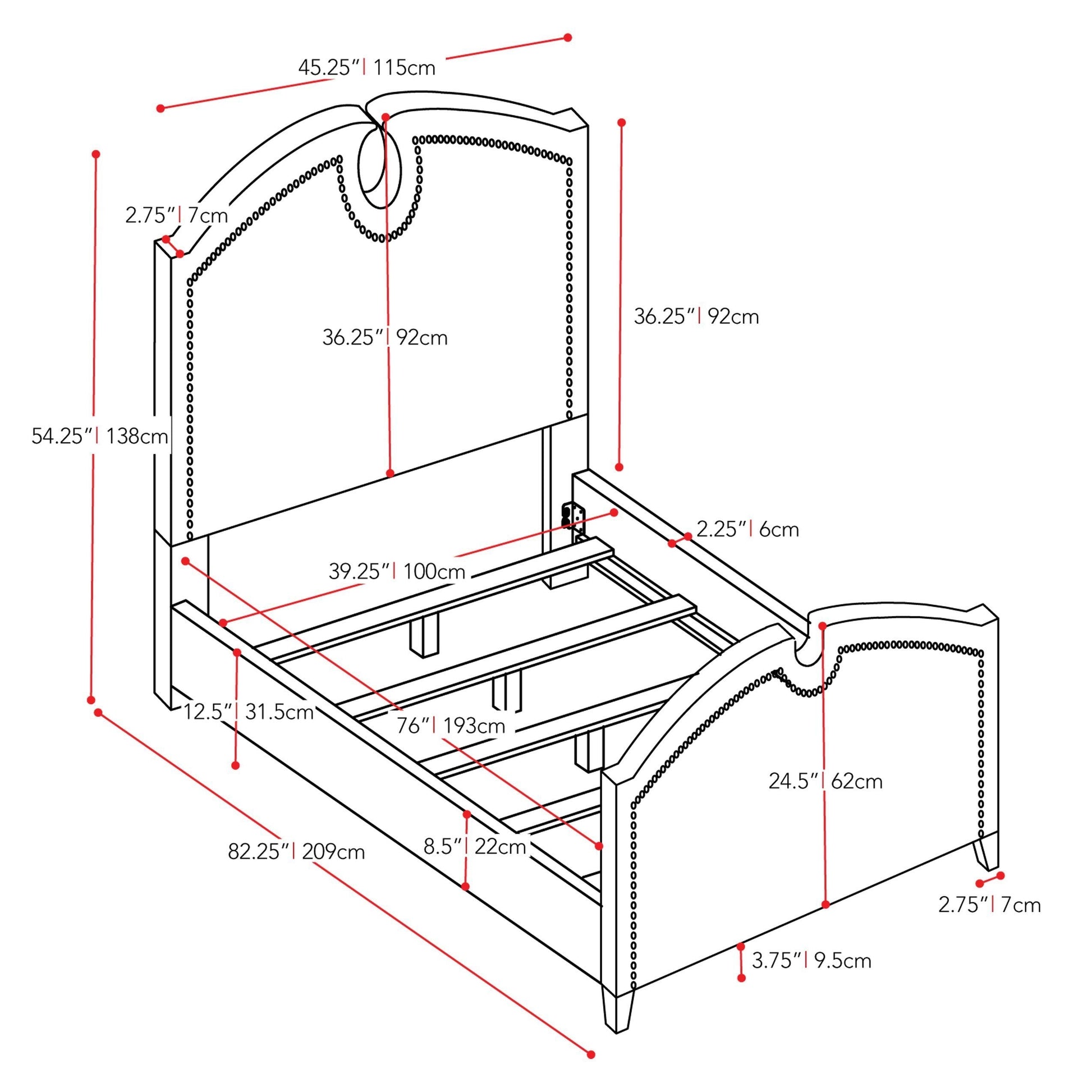 grey Twin / Single Bed Maeve Collection measurements diagram by CorLiving#color_grey