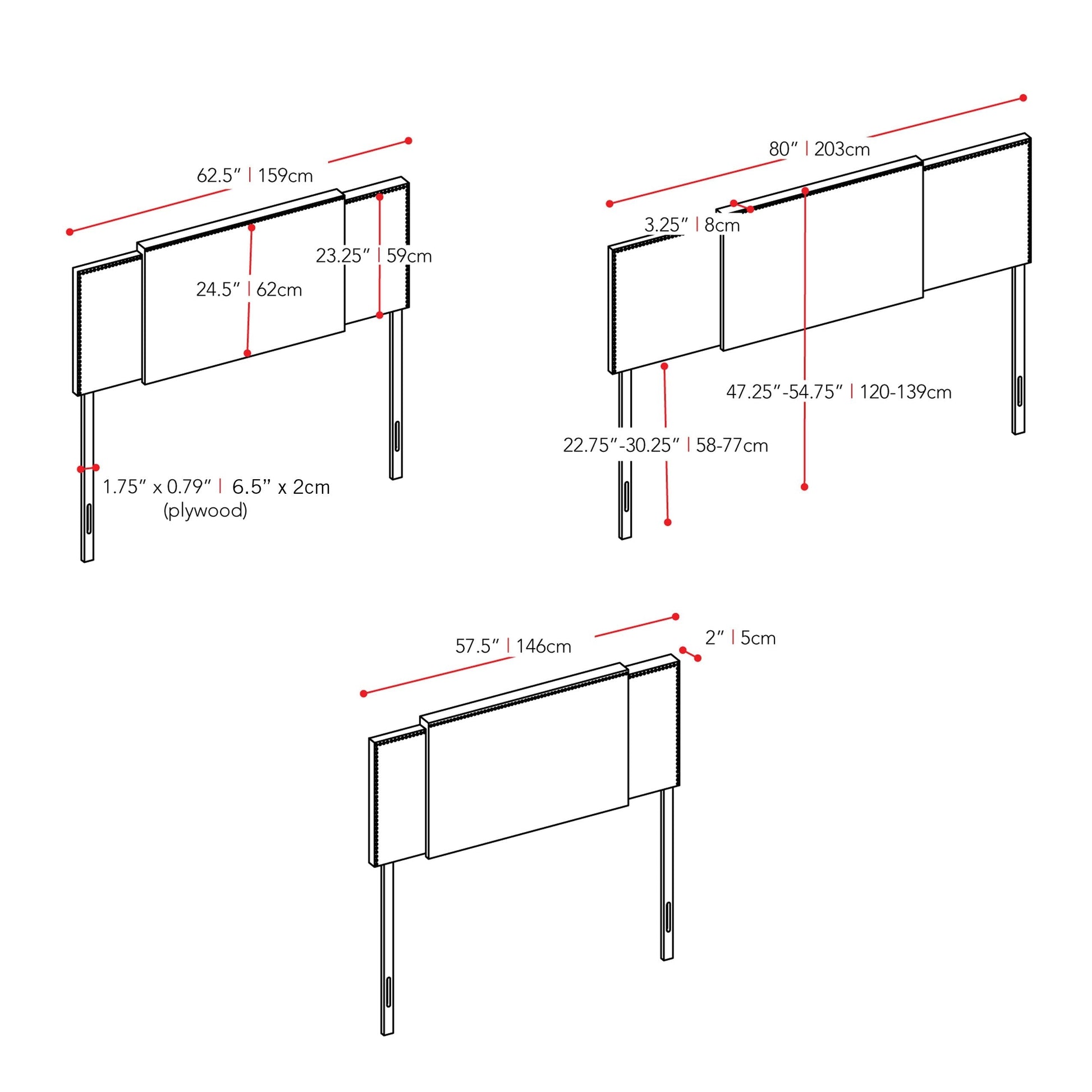 dark grey Expandable Headboard, Full / Queen / King Mia Collection measurements diagram by CorLiving#color_dark-grey