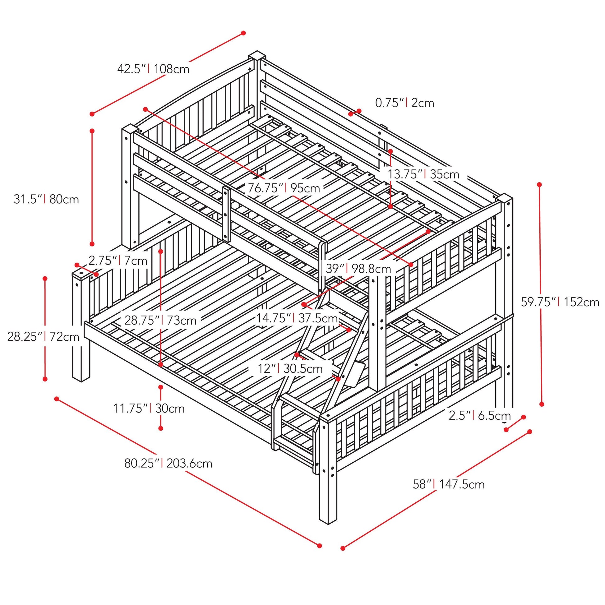 pink Twin Over Full Bunk Bed Dakota Collection measurements diagram by CorLiving#color_pink