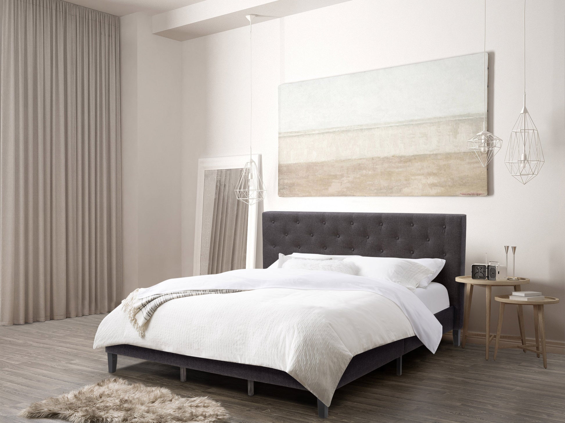 dark grey Button Tufted King Bed Nova Ridge Collection lifestyle scene by CorLiving#color_nova-ridge-dark-grey