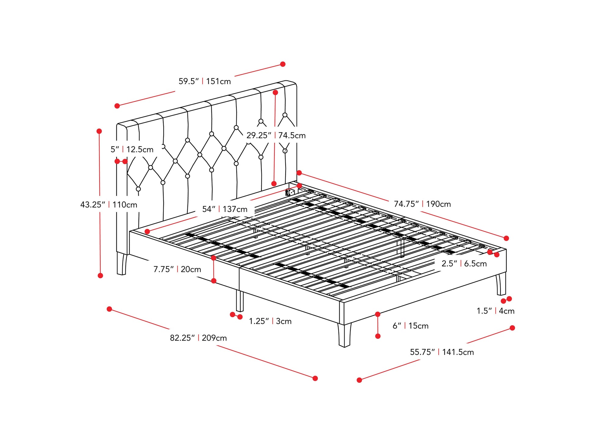 light grey Button Tufted Double / Full Bed Nova Ridge Collection measurements diagram by CorLiving#color_nova-ridge-light-grey