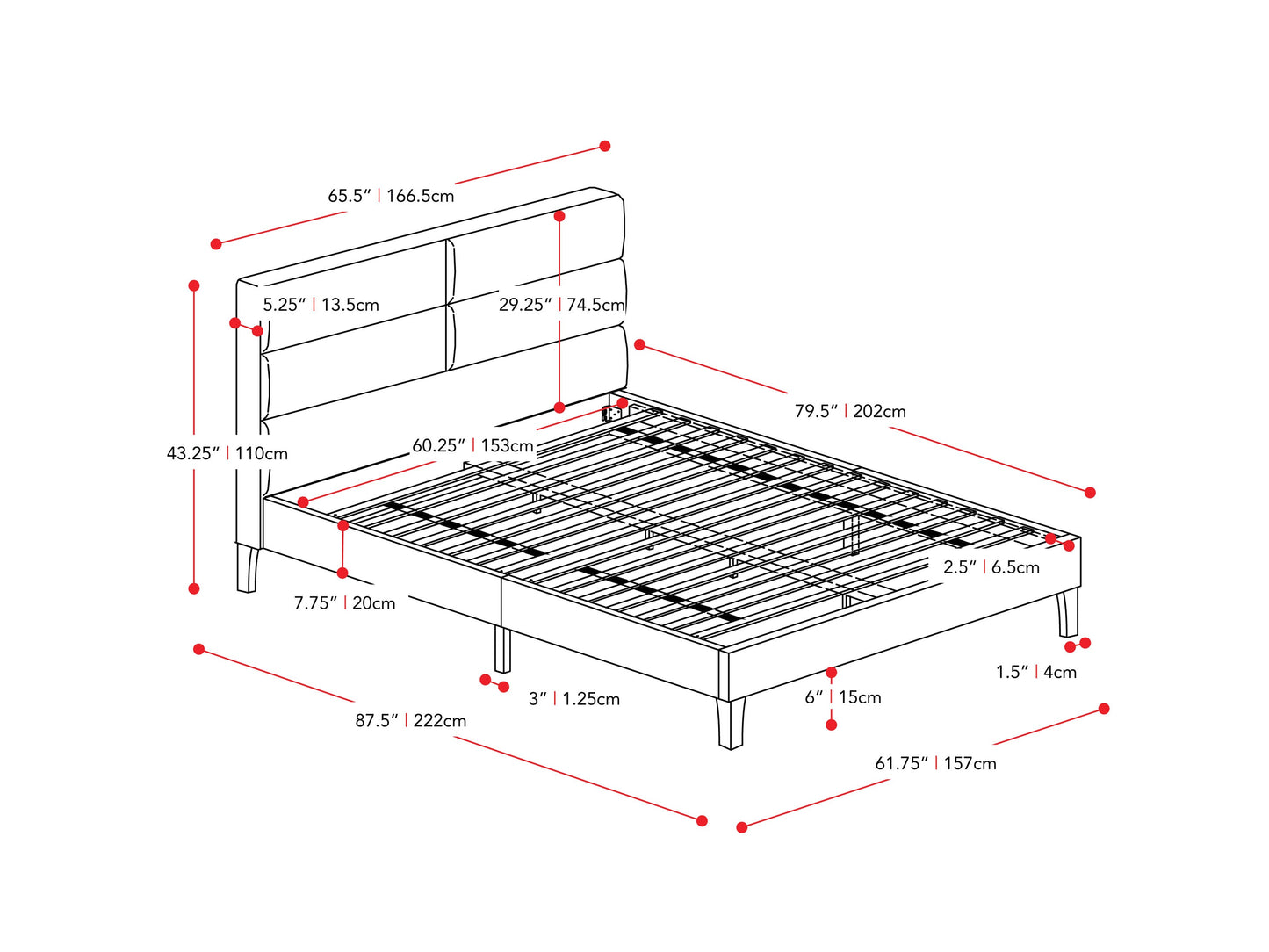 light grey Upholstered Queen Bed Bellevue Collection measurements diagram by CorLiving#color_bellevue-light-grey