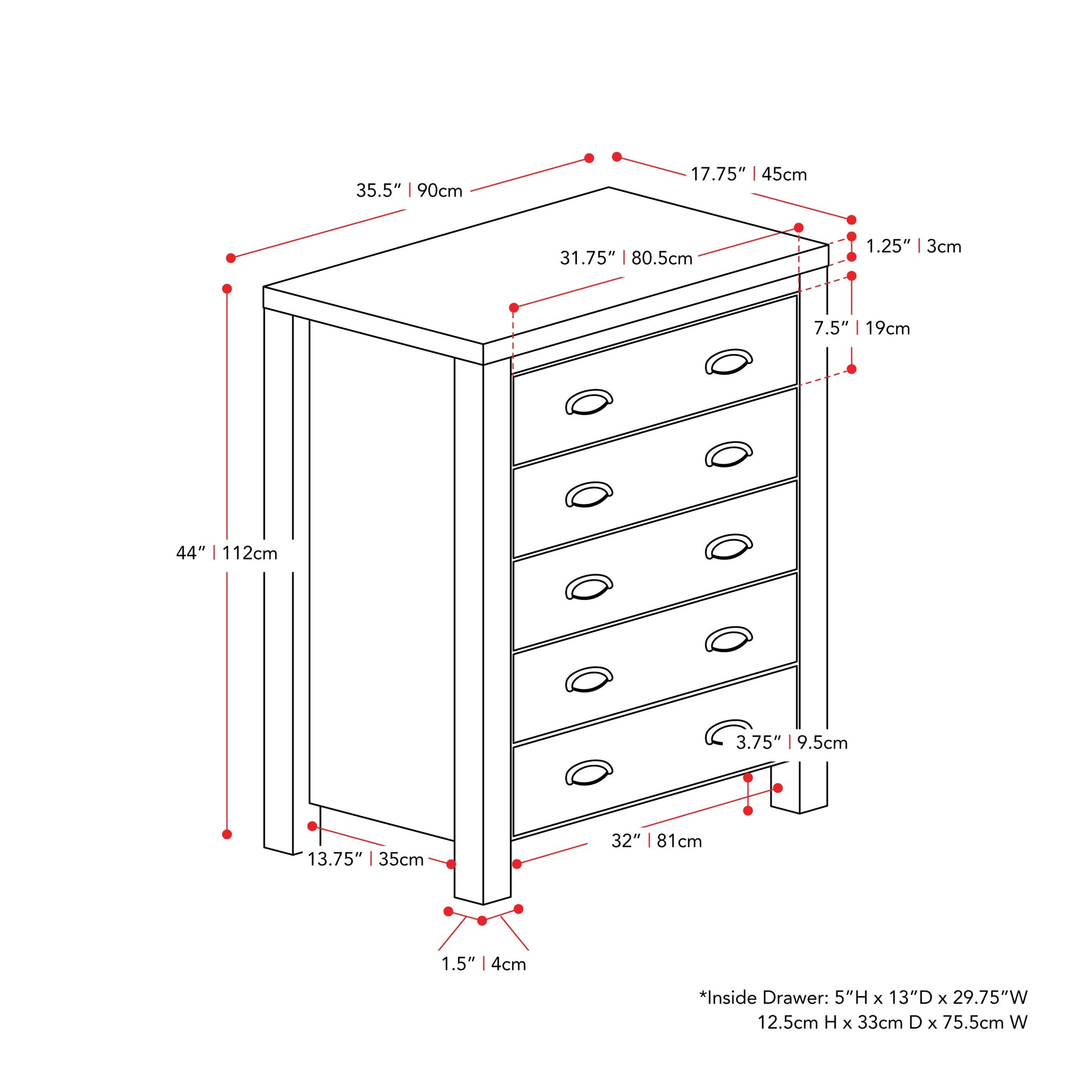 white 5 Drawer Dresser Boston Collection measurements diagram by CorLiving#color_white