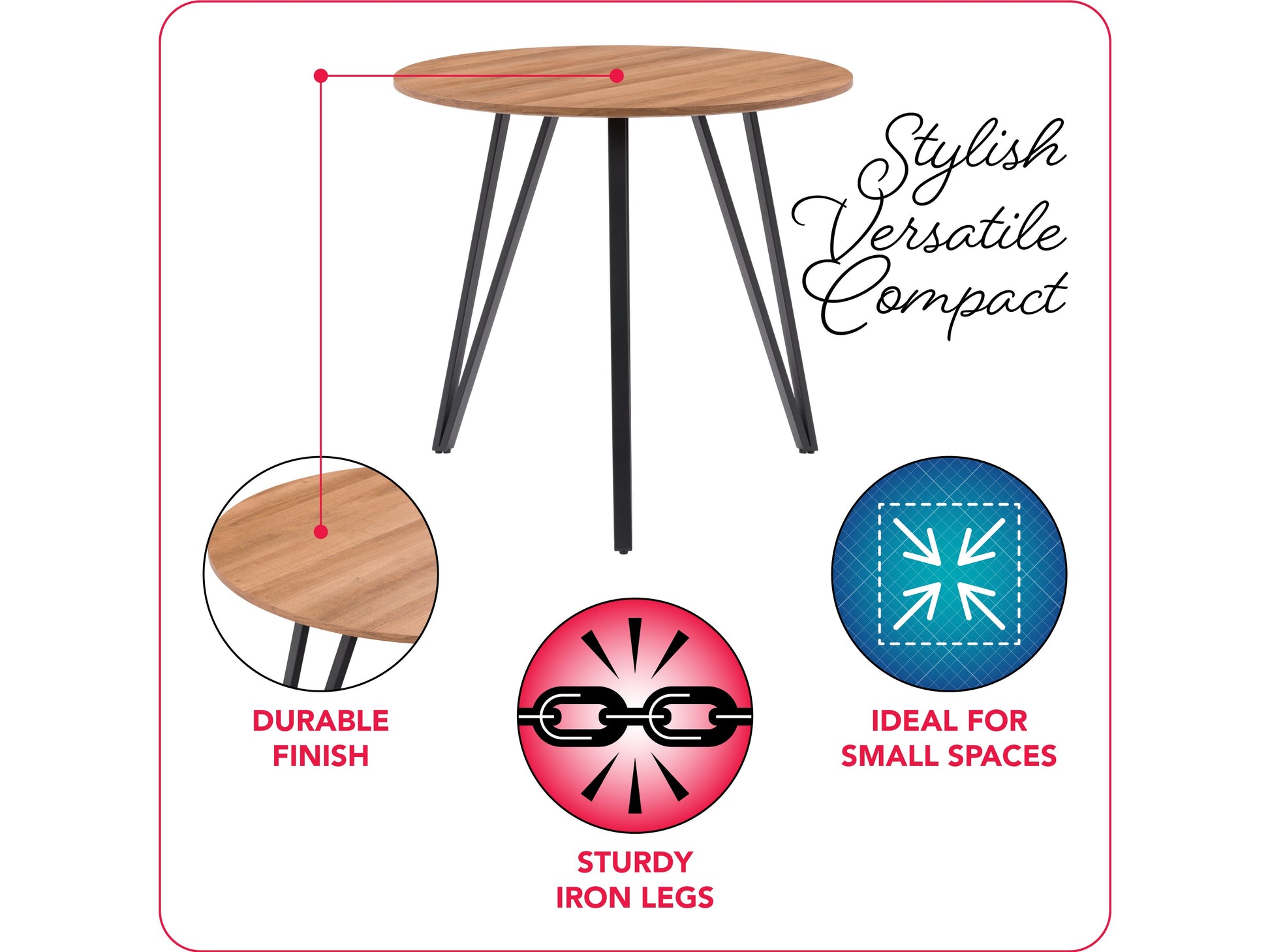 brown Small Round Dining Table Ezra Collection infographic by CorLiving#color_brown