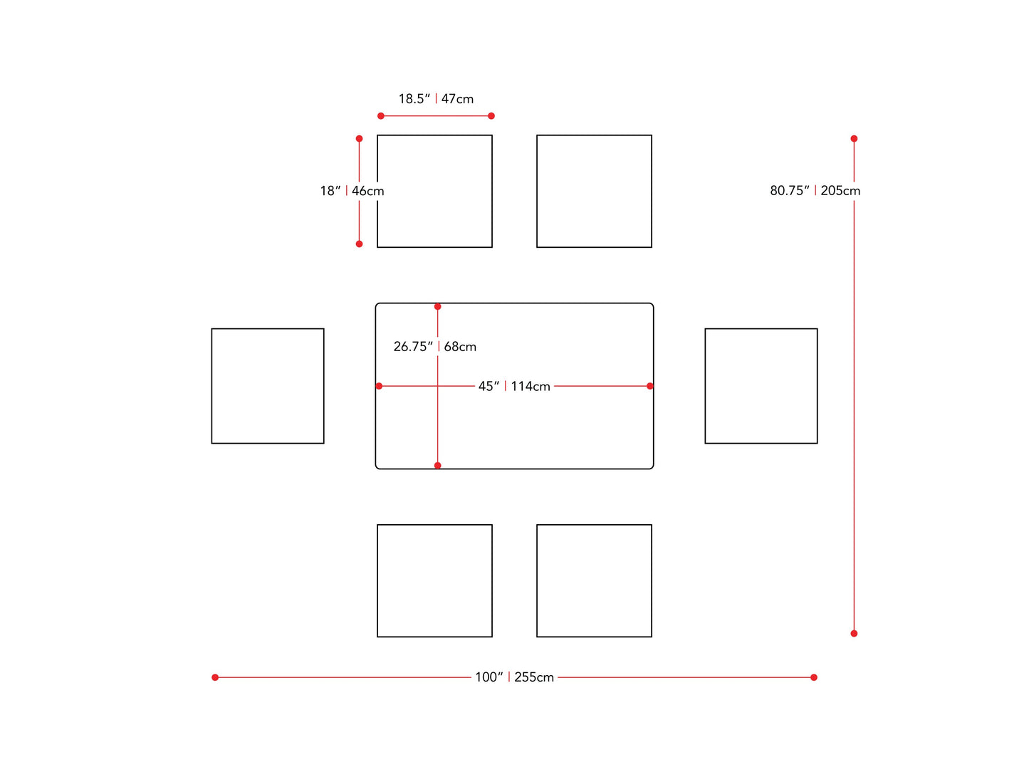 walnut Dining Table Set for 6 Branson Collection measurements diagram by CorLiving#color_branson-walnut-and-tweed