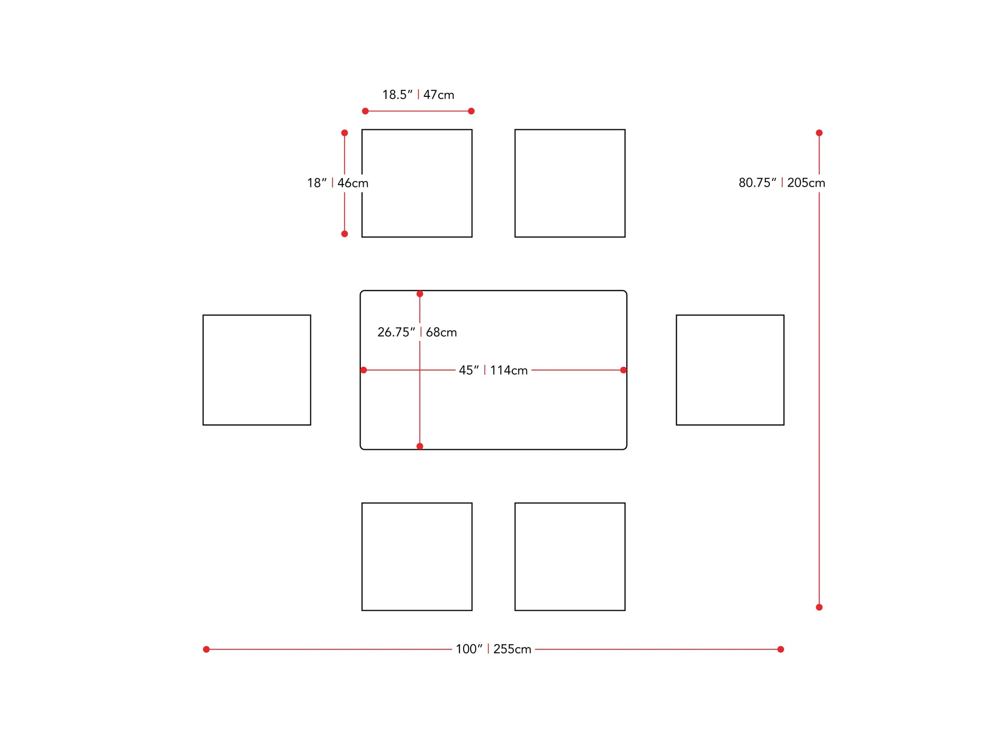 walnut Dining Table Set for 6 Branson Collection measurements diagram by CorLiving#color_branson-walnut-and-tweed
