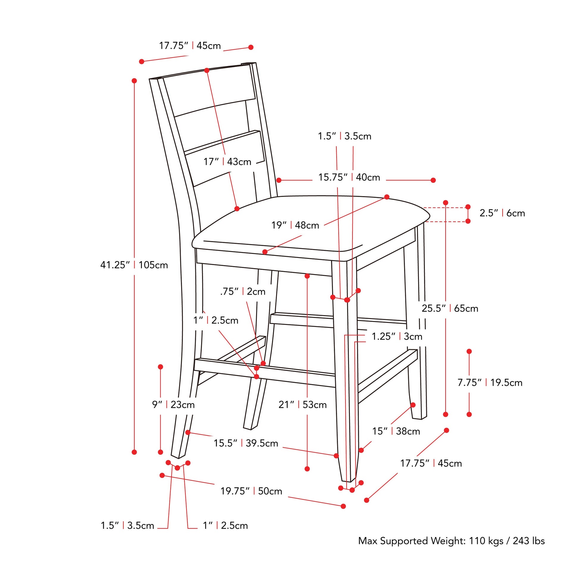 washed grey Counter Height Dining Chairs Set of 2 Tuscany Collection measurements diagram by CorLiving#color_washed-grey