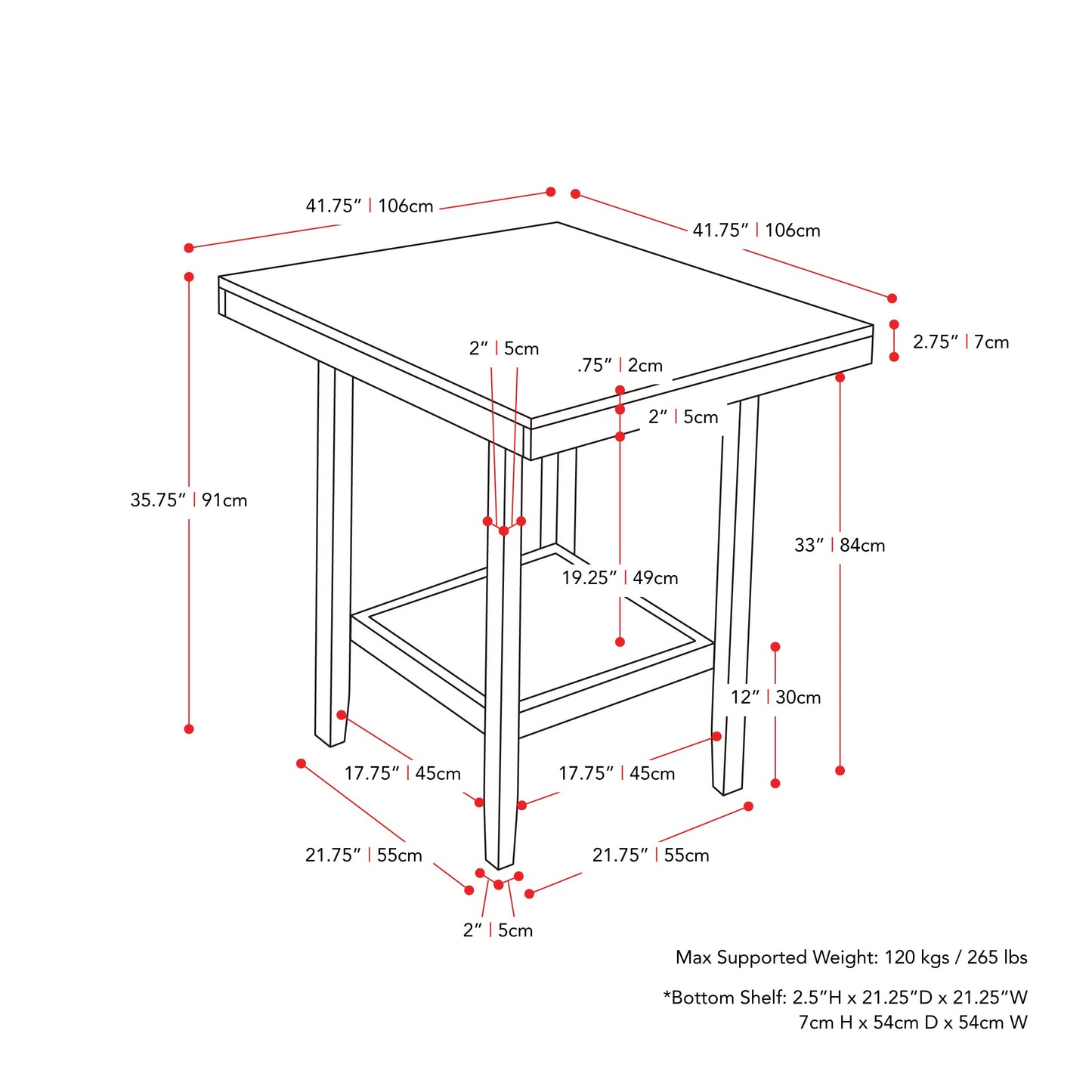 washed grey Counter Height Dining Table Tuscany Collection measurements diagram by CorLiving#color_washed-grey